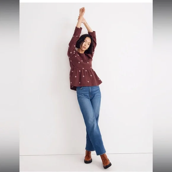 Madewell Embroidered Lightspun Peplum Open-Back Top Sz-Lrg - Picture 2 of 13